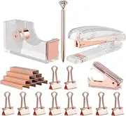 KIDMEN Rosegold Desk Accessory Kit,Set of Stapler, Staple Remover,1000pcs Staples,Tape Dispenser,Big Diamond Ballpoint Pen and 10pcs Binder Clips