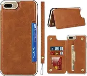 Cavor for iPhone 7 Plus/8 Plus Case,for iPhone 6 Plus/6s Plus Case,Leather Stand Cover Card Slots Back Case with Buttons Closure & Wristlet Strap for iPhone 7 Plus/8 Plus/6 Plus/6s Plus-Light Brown