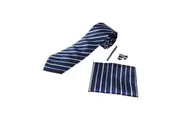 Mens Navy Striped Matching Neck Tie, Pocket Square, Cuff Links And Tie Clip Set