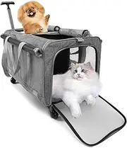 Large Cat Carrier, Foldable Pet Stroller with Double Compartment and Wheels, Detachable Cat Stroller Dog Pushchair for 2 Small Cats/Dogs/Rabbits, Breathable Cat Travel Carrier for Walking Camping
