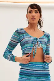 Multi Colour Tie Bolero Long Sleeve Top Crochet - Size 14, Women's Bolero