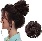 Tavvke Fluffy Messy Bun Hair Piece for Women, Curly Wavy Chignon with Elastic Band for Updos, Synthetic Ponytail Extensions for Daily & Wedding Use (Dark Brown)