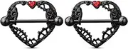 [Blue Palm Jewelry] Pair of Red CZ Heart on Gothic Nipple Shield Rings 14 Gauge 9/16 Inch Barbell Body Piercing Jewelry F208, Synthetic Resin, no gemstone