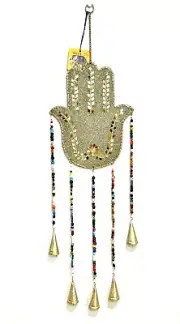 34” Long Beaded HAMSA Large - Wind Chime Feng Shui with Brass Bells Wall Decor