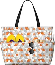 [Ghjkfbf] Triangles Patterns Print Large Capacity Beach Travel Bag For Family, Beach Tote Bag For Women With Zipper Pockets, Black, One Size