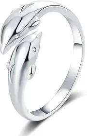 [OIDIMS] Double Dolphins Adjustable Statement Rings for Women Open Wrap Thumb Finger Band Promise Rings Dainty CZ Crystal Ocean Animal Wedding Engagement Comfort Fit Trendy Jewelry for Daughter Niece
