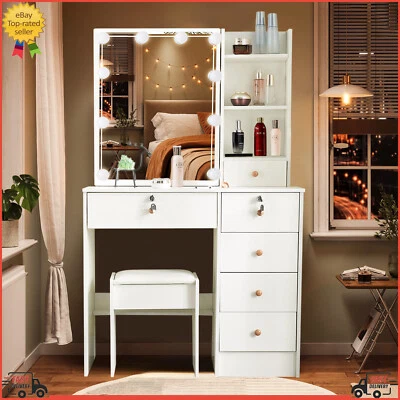 Vanity Makeup Dressing Table Set with 10 Lighted Sliding Mirror 6 Drawers& Stool
