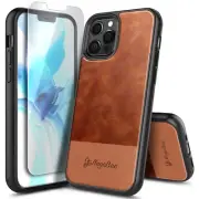 For iPhone 12/Pro/Max/Mini Case, Brown Leather Shockproof Cover + Tempered Glass