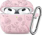 [WJK] Compatible with Apple AirPods 3rd Generation Charging Case, Stylish Soft Silicone Flower Print Engraved Protector with Keychain Compatible with Airpods 3 Case, Front LED Visible, Pink