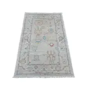 3'3"x5' Gray Pure Wool Afghan Angora Oushak Leaf Design Hand Knotted Rug G20881