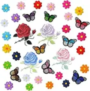 UTHCLO 36Pcs Butterfly Flower Embroidery Patches Colorful Applique Cloth Stickers for Clothing Repair Unique Floral Designs for Bags Jeans and Accessories