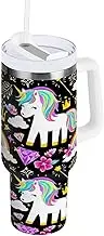 RPLIFE Cute Unicorns Rainbows Black 40 Oz Tumbler, Stainless Steel Coffee Tumbler, Insulated Cups with Lids