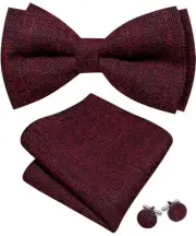 Men's Bow Tie Set Extra Large Cotton Linen Bowties with Handkerchief Dark Red