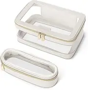 Travel Clear Makeup Bag with Makeup Brush Bag, Leather Makeup Case Toiletry Bag, Portable Cosmetic Bag Case, Transparent Waterproof Cosmetic Organizer Storage Bag for Women, Medium, Off-White,