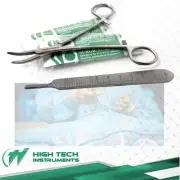 5 Scalpel Blades #10 + Scalpel Handle #3 w/Scale + Curved Hemostat Forceps 5"