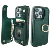 for iPhone 15 Pro Wallet Case with Card Holder, 360° Rotation Ring Green