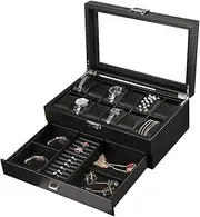 SlaBao Watch Box with 12 Slots with Drawer, Watch Box Case for Men,Jewelry Storage Organizer for Women with Glass Lid Glass Storage Case, Suitable for Watches with Strap for Wearing