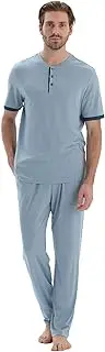 [Dagi] Men's Cotton Modal Knitted Two Pants with Pockets and Laces Pyjama Set, Light Blue