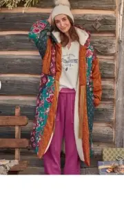 Sundance Linnea Vintage Looking Patchwork Sherpa Lined M/L Robe/Housecoat
