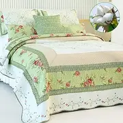 EVENHUG 100% Cotton Patchwork Quilt Queen Size Set Lightweight Floral Queen Quilts Bedding Set Bedspread Coverlet Reversible Bed Cover with Pillow Shams for All Seasons 3 Pieces (92"X96")