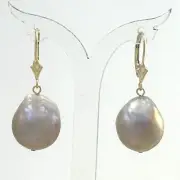 14k Yellow Gold Leverback Genuine Baroque Lavender Pearls Dangle Earrings TPJ