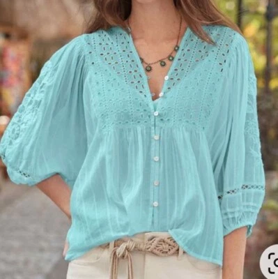 NWT, Sundance XS Blouse Peasant Prairie Boho Eyelet Embroidered Top Puff Sleeve