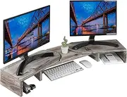 J JACKCUBE DESIGN Rustic Wood Dual Monitor Stand with Adjustable Angle Riser 2 Monitors Office Desk Organizer Computer Table top Screen Shelf for PC TV Laptop - MK547A