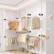 Heavy Duty Telescopic Wardrobe Organizer, Movable Hanging Rail Garment Rack, DIY by Hand No Damage to Walls Or Ceiling Fit High Ceiling Up to 3.1m Clothes Wardrobe 4 Poles 6 Bars(White)