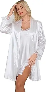 DQSSYTTX White Robe and Nightgown Set Camisole Bathrobe for Women Silk Soft Kimono Robes