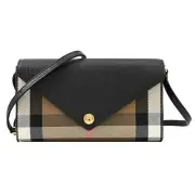 $910 NWT BURBERRY HANNAH BLACK LEATHER CANVAS CHECK SHOULDER STRAP CLUTCH BAG