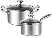 Stainless Steel Pots and Pans 4Pcs Nonstick Pot Set 1.5QT Saucepans&2.6QT Stockpots with Glass Lids, Dishwasher and Oven Safe, Works on Induction and Gas Cooktops