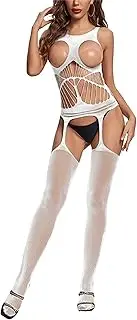 [GRRKDFQ] Women Lingerie Exposed Bra Crotchless Out Cutout Sheer Fishnet Nightwear