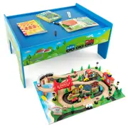 Costway 80 Pcs Wood Train Set Table Model Railway Track Toy Pretend Play Set Multi-color