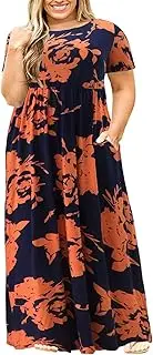 [Nemidor] Women Short Sleeve Loose Plain Casual Plus Size Long Maxi Dress with Pockets (26, Orangeprint)