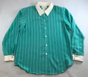 Susan Graver Womens Blouse Size M Green Striped Button-Up Shoulder Pads NWT