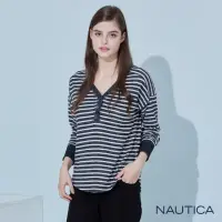 在飛比找momo購物網優惠-【NAUTICA】女裝 經典條紋V領長袖T恤(黑色)