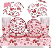 69Pcs Valentine's Day Party Tableware Decorations Red Love Heart Valentines Table Cloth,7inch 9inch Paper Plates, Napkins for Red Love Heart Theme Birthday Mother's Day Wedding Party