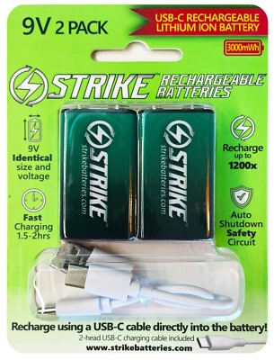 9V Rechargeable Battery Portable with USB cable Two Pack 3000mWh