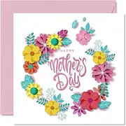 Mother’s Day Card for Mum, Contemporary Floral Happy Mothers Day Card for Mother from Son Daughter, 145mm x 145mm Seasonal Beautiful Flowers Bouquet Greeting Cards for Mummy Mama Mam Mammy Mom Mommy