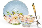 Glen Mila Bone China Tea Cups and Saucers Set - 7-Ounce Floral Teacup for Tea Party, Fine China Porcelain Coffee Cup Set for Women