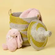 Decorative Wicker Basket with Lid & Handles, Clothes Hamper, Nursery Basket, Toy