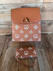 Designer inspired Cognac Brown Embroidered Backpack & matching wristlet / NWT!
