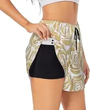 [JBYJBX] Many Golden Flowers Print Shorts Athletic Running Women's Workout Pockets Gym Quick-Dry Sport Hiking Elastic