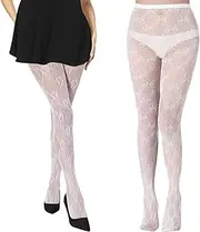 [HZHSGLY] 2 Pack White Lace Tights, Fishnet Fashion Patterned Tights for Women Ladies (Flower+Bow), White, One Size