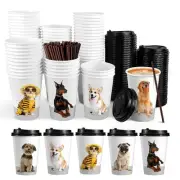 72 Sets Disposable Coffee Cups with Lids, White Brown To Go Paper Cups, 16 Ou...