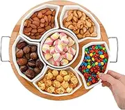 ZENFUN Serving Tray and Platter, 11'' Divided Dip Bowls with Bamboo Tray, 6-Compartment Removable Appetizer Snack Bowls, Round Sectional Serving Platter for Chips and Dip, Fruits, Condiment