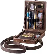 [Marita] Writers Messenger Wood Box, Artist Tool and Brush Storage Box, Walnut Wooden Bag with Hinged Lid Shoulder Bag, Portable Wooden Handmade Craft Crossbody Postman Bag Writers or Painter (only box)