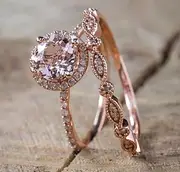 [ASFKIPMF] 18K Rose Gold Ring Set Pink Elegant Morganite Cubic Zirconia Two-in-One Halo Wedding Engagement Promise Eternity Ring for Women AAAAA CZ Halo Wedding Bridal Ring