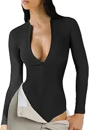 [Conshvi] Womens Long Sleeve Zip Up Bodysuit Tops Sexy Stretchy Slim Fit Tummy Control Seamless Ribbed Shapewear Body suits
