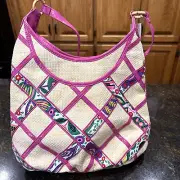 VERA BRADLEY Viva la Vera Natural Straw & Hot Pink Patent Hobo Shoulder Bag NOS
